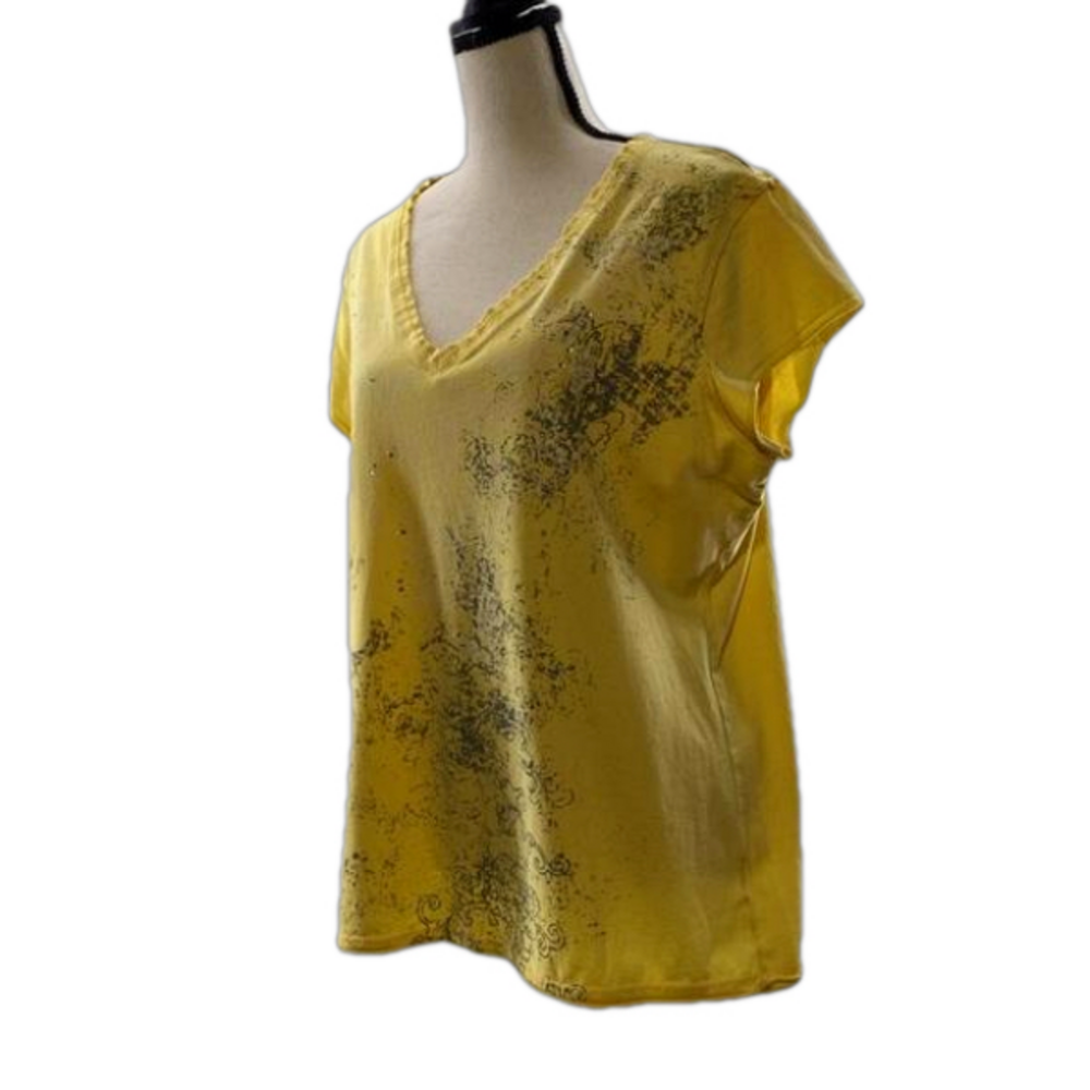 CALVIN KLEIN JEANS—Women's Yellow/Gray Bejeweled Cap Sleeve Top—XL
